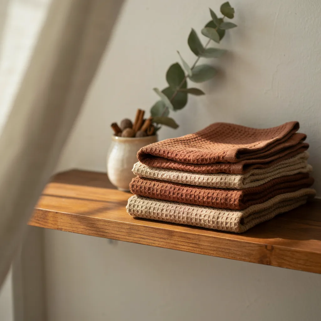 Cinnamon waffle-weave towels on wood shelf