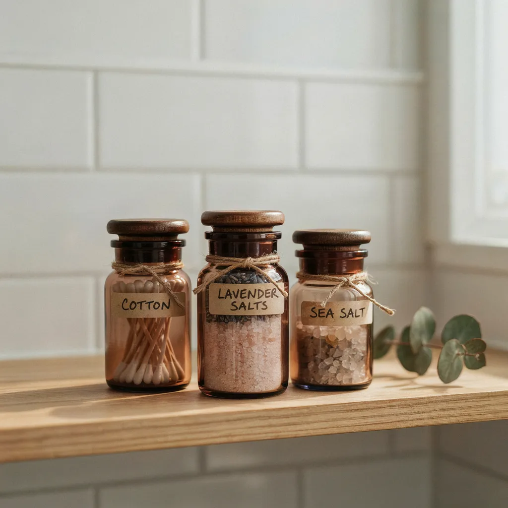 Smoky topaz glass storage jars on shelf
