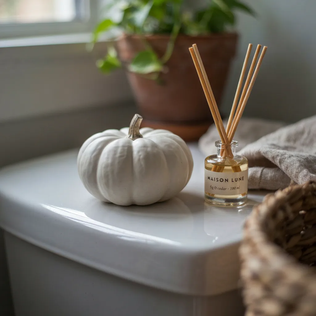 Small ceramic pumpkin on toilet tank lid