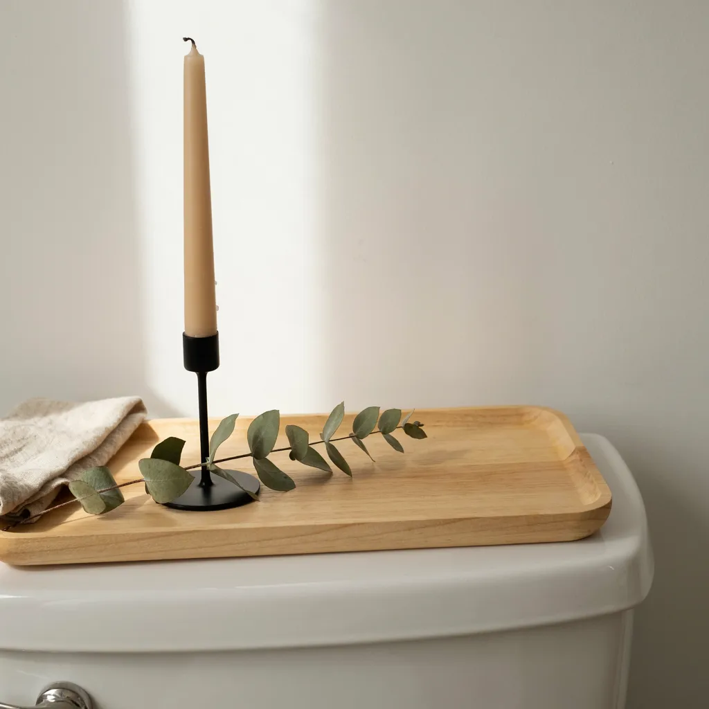Matte black candle holder on toilet tank tray