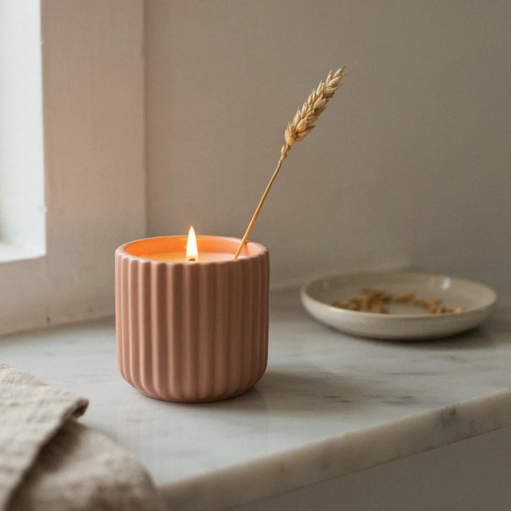 Terracotta ribbed candle holder on bathroom shelf