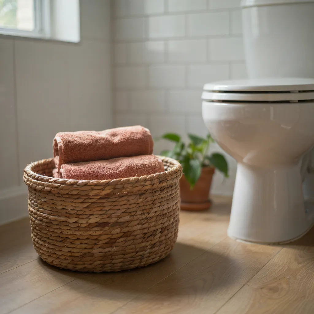 Woven seagrass basket with rolled towels
