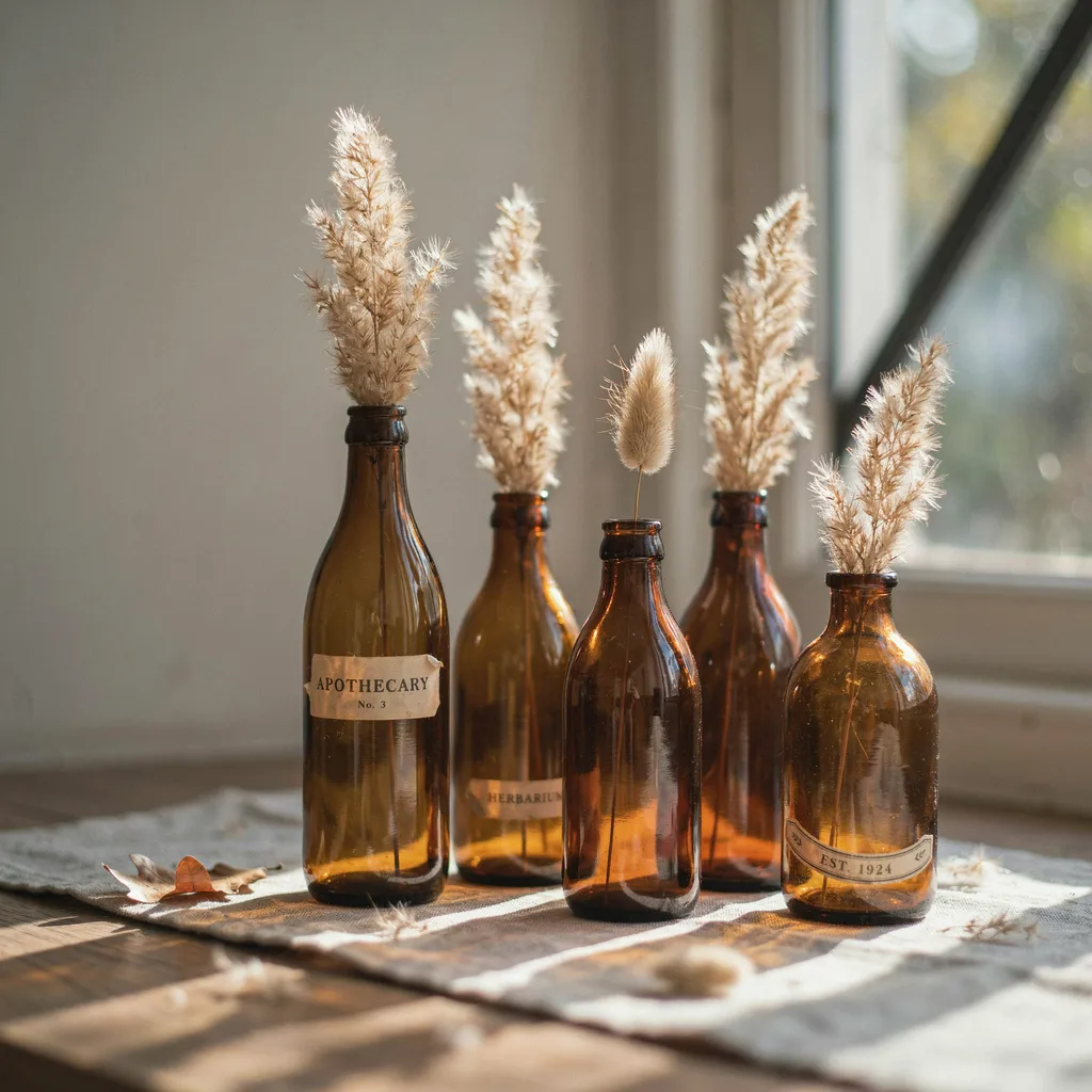Amber glass bottle centerpiece