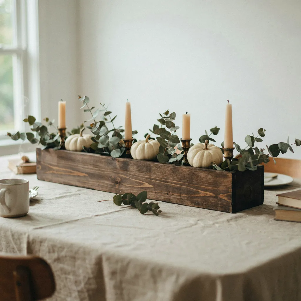 Wooden tray fall centerpiece with pumpkins