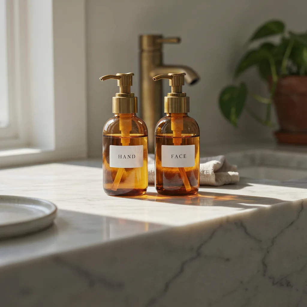 Amber glass soap dispensers on bathroom counter