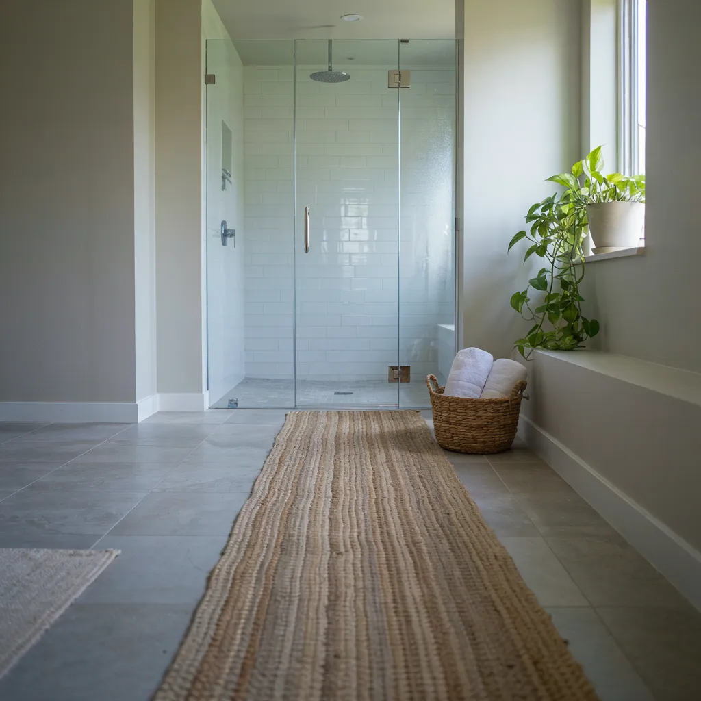 Braided jute runner rug on bathroom floor