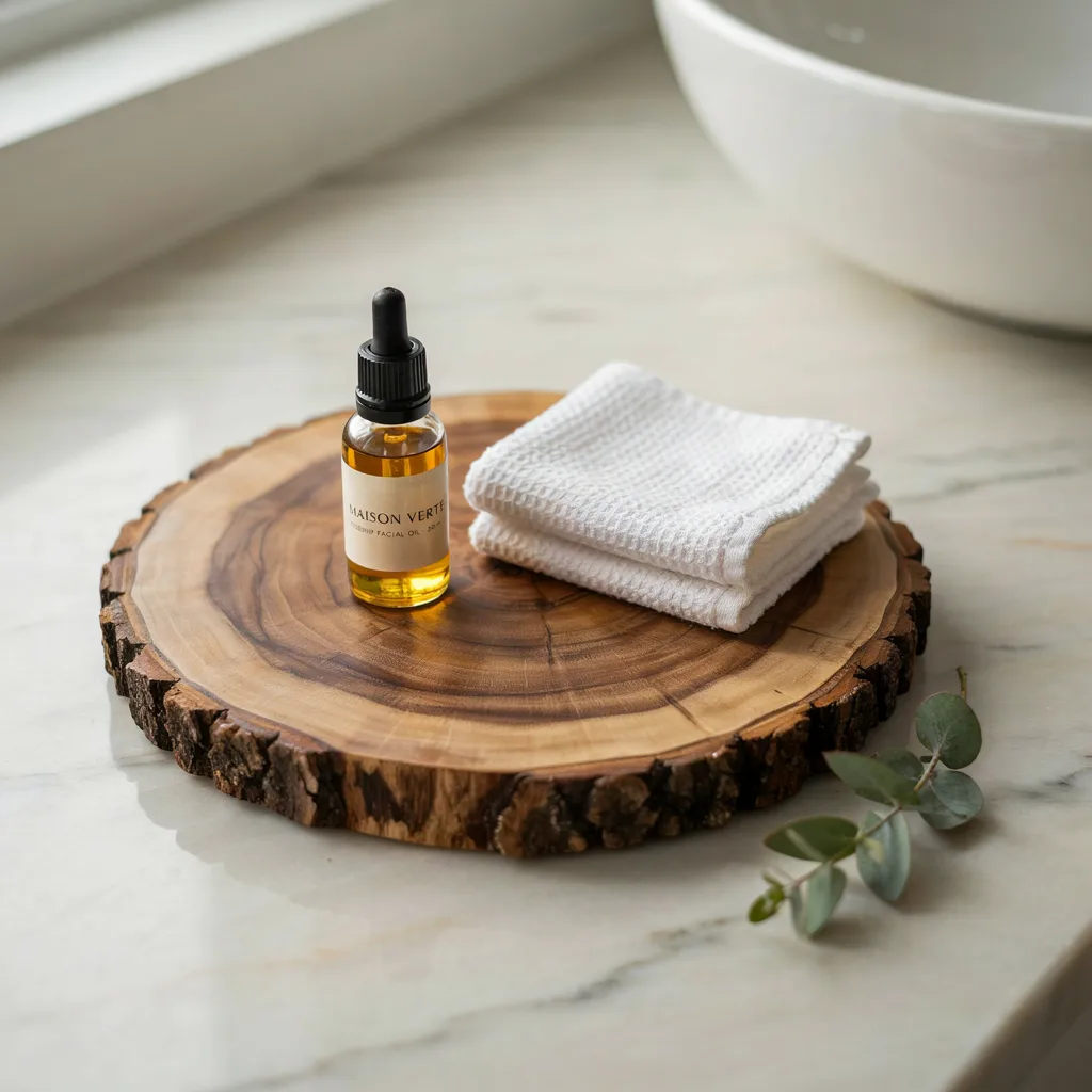 Rustic wood slice tray on bathroom counter