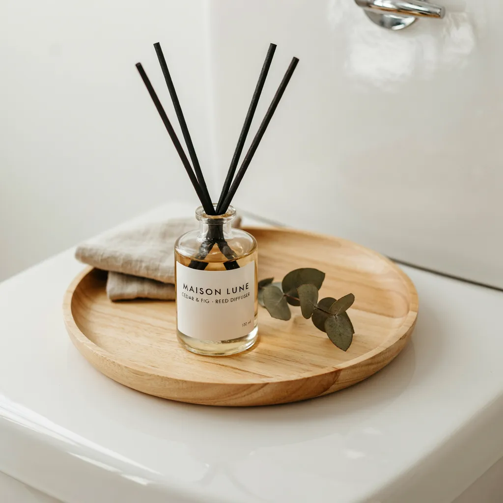 Reed diffuser on toilet tank tray