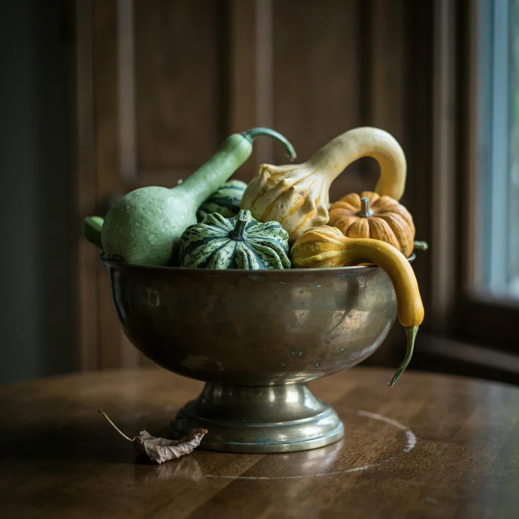 Brass bowl with gourds