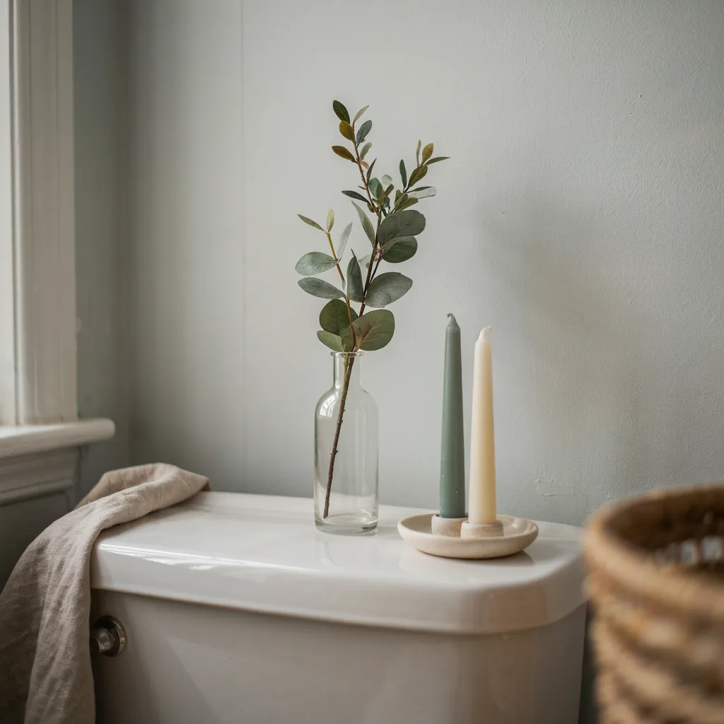 Faux foliage sprig in vase on toilet tank