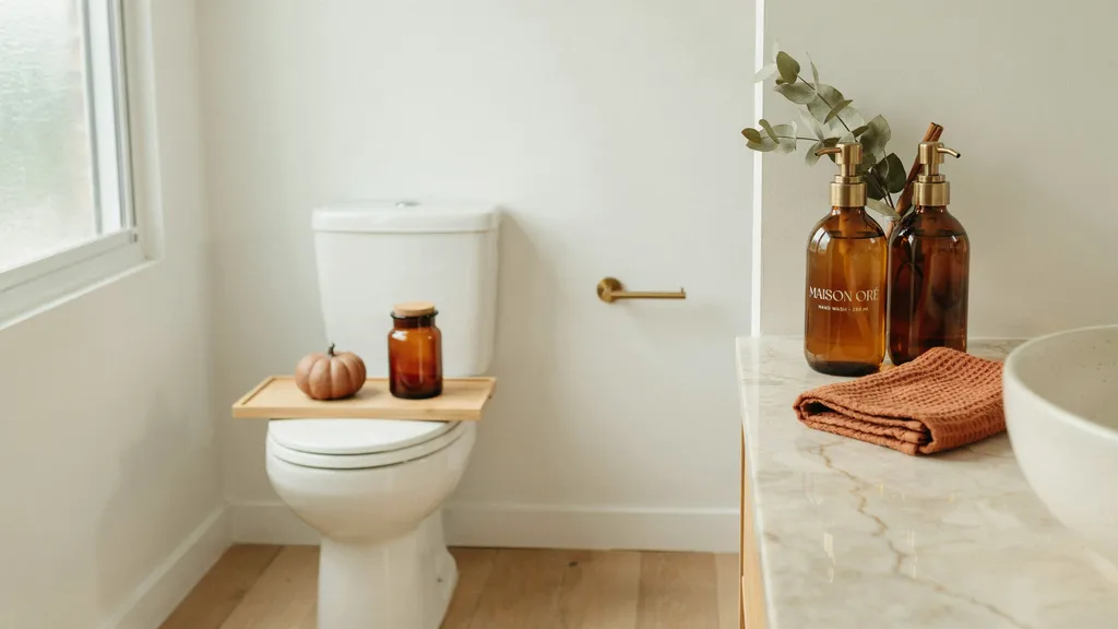 Warm autumn bathroom with toilet tank tray and amber glass