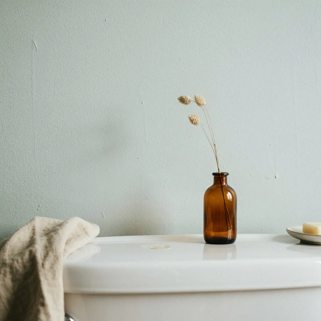 Small amber glass vase on toilet tank lid