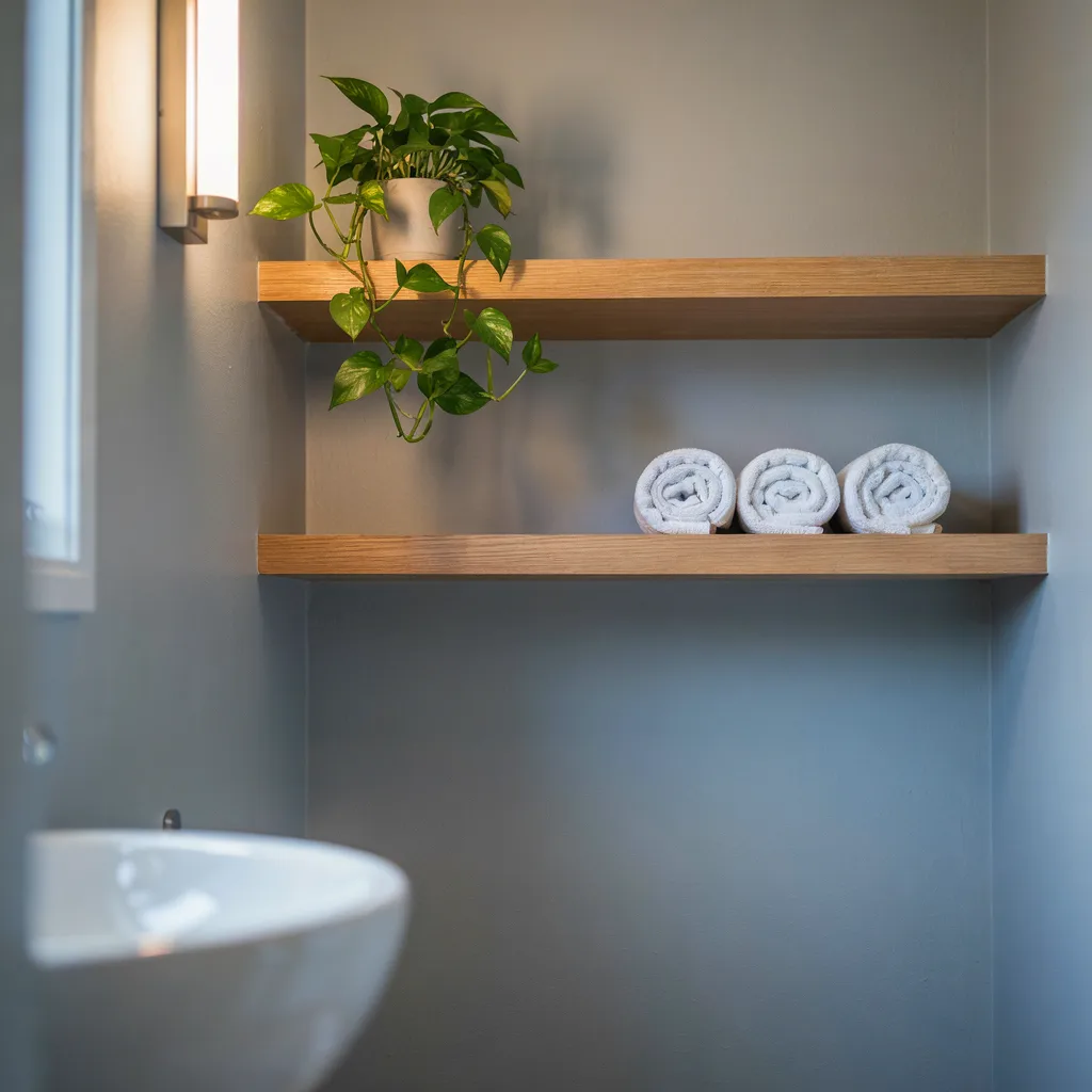 Floating oak shelves in bathroom