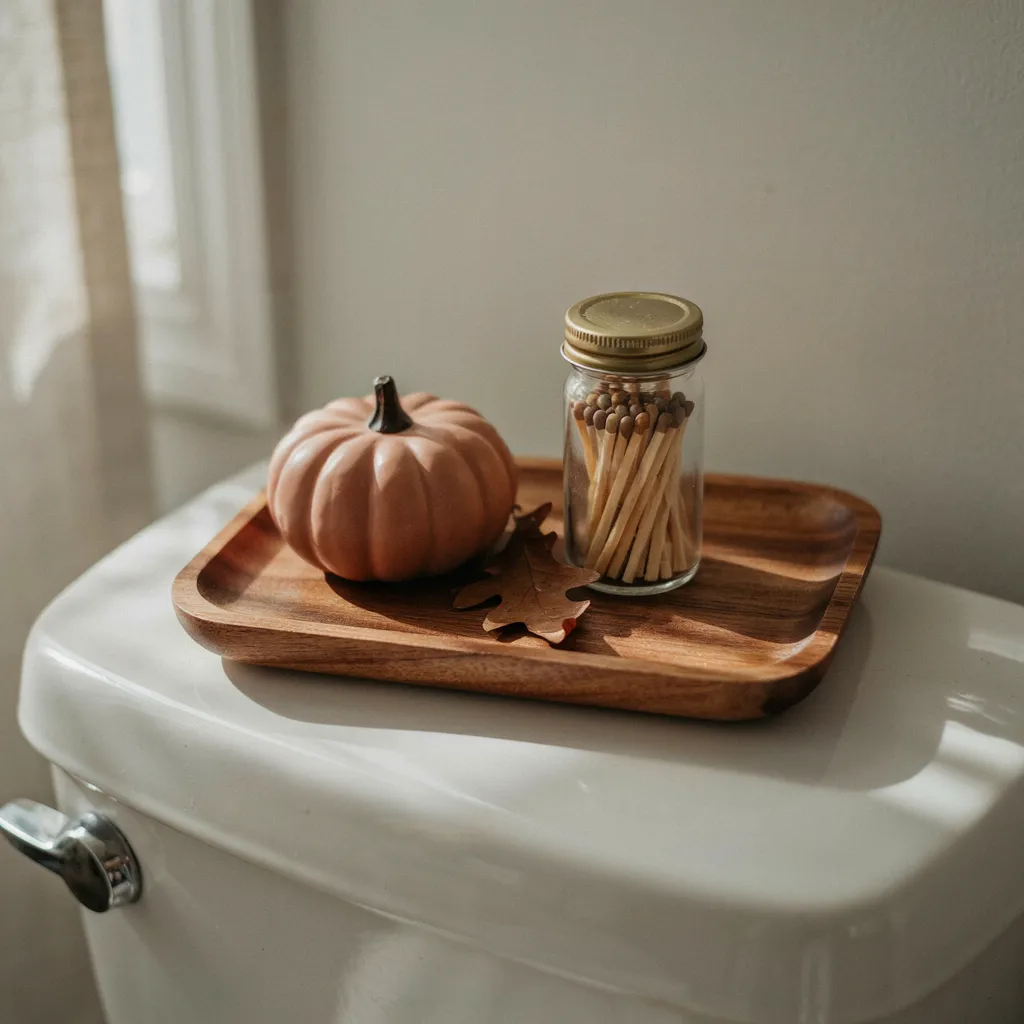 Wood tray on toilet tank with ceramic pumpkin