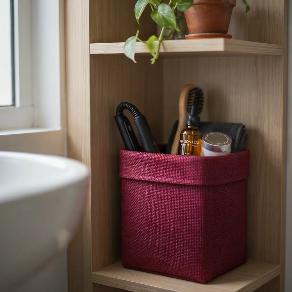 Burgundy storage bin inside vanity cabinet