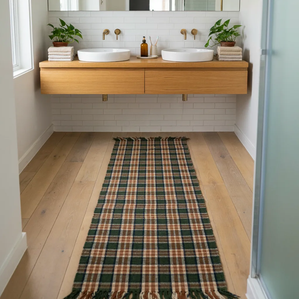 Plaid runner rug in front of vanity