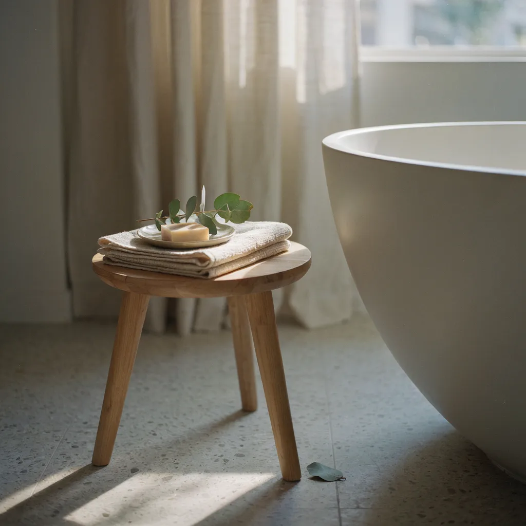 Small wood stool beside freestanding tub