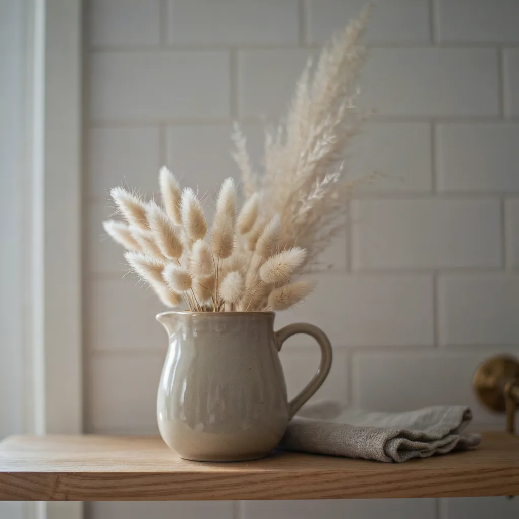Dried florals in ceramic pitcher on shelf