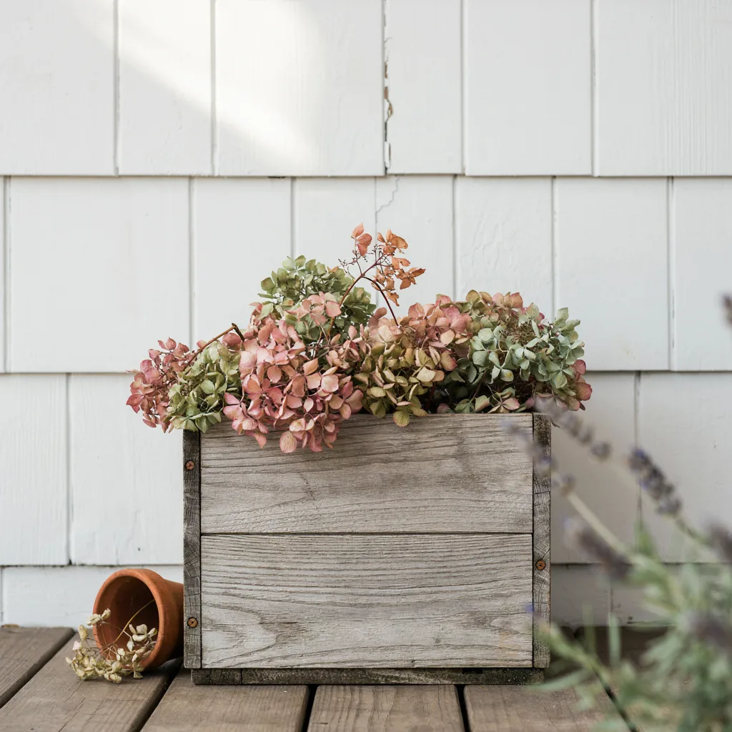 Dried hydrangea planter box