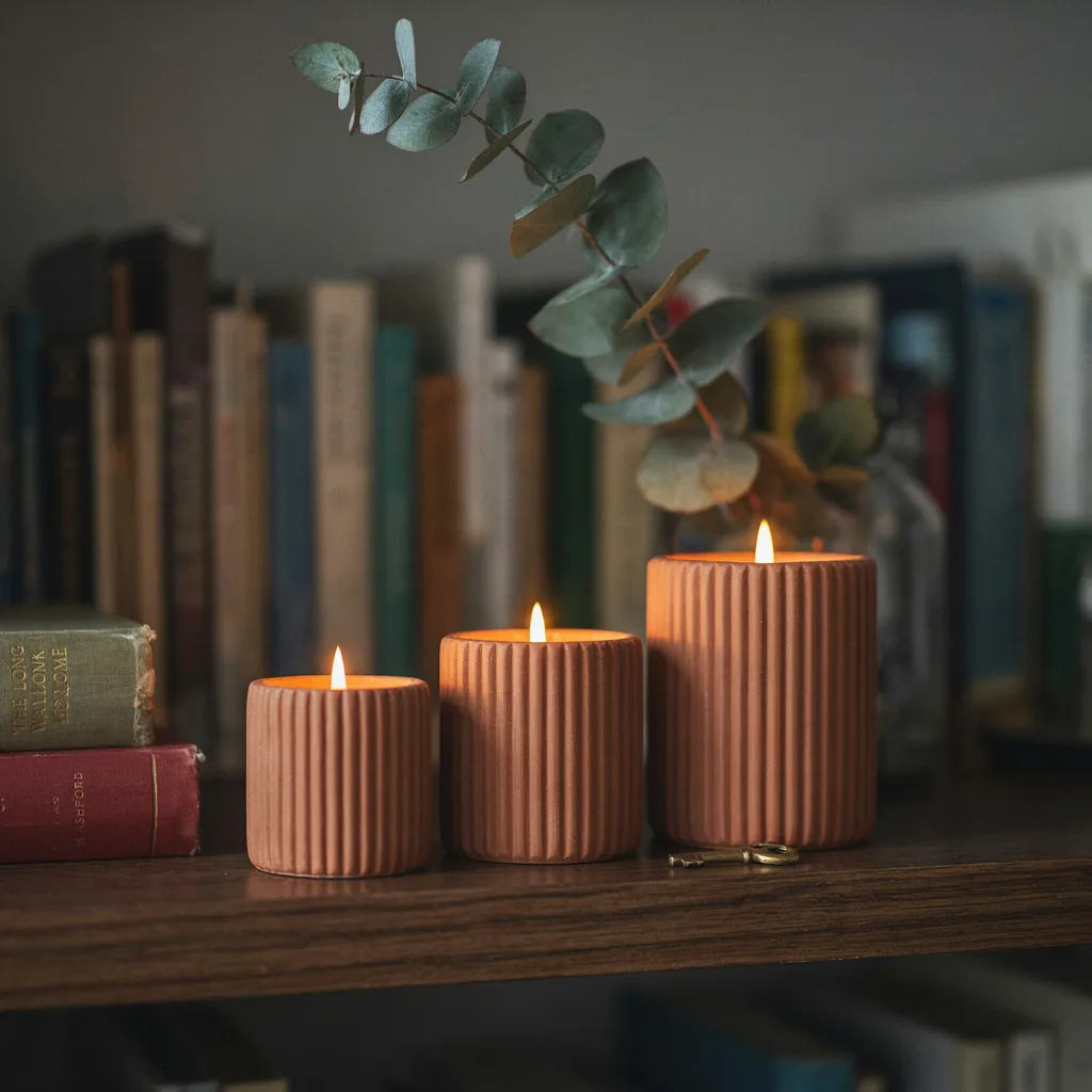 Trio of ribbed unglazed terracotta candle vessels, a perfect choice among the 8 fall home accessories to shop and style for warm lighting.