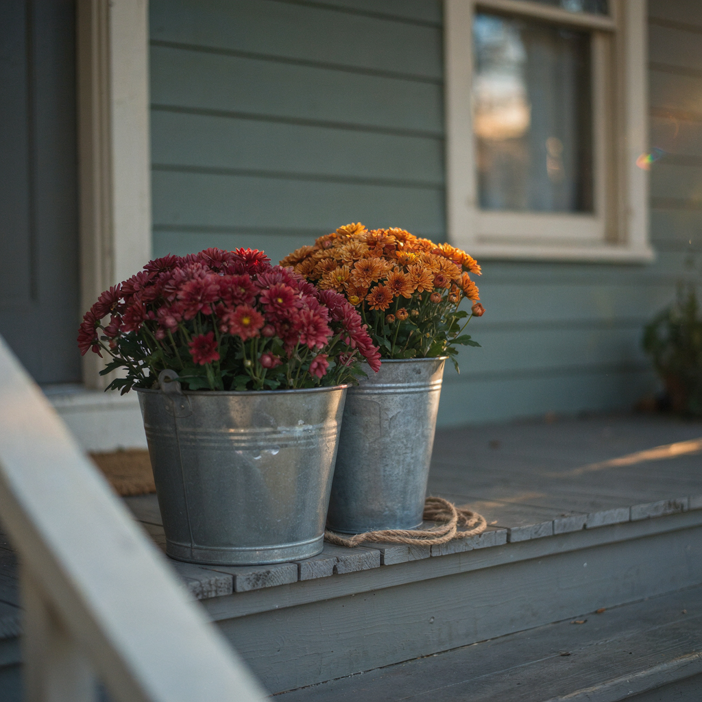 Galvanized bucket mum planters