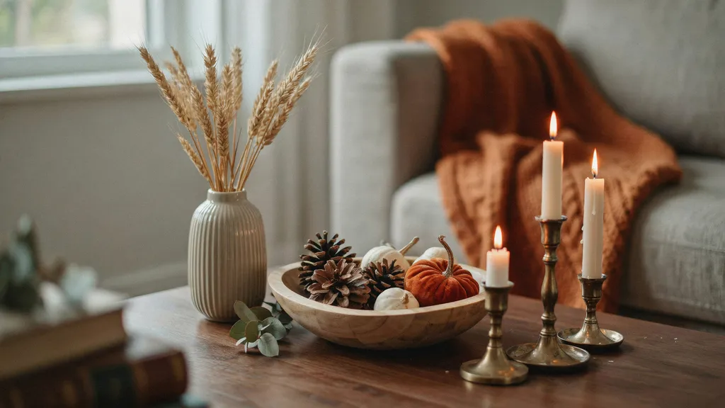 Top-down view of a styled coffee table featuring 8 fall home accessories to shop and style, including dried gourds and knit throws.