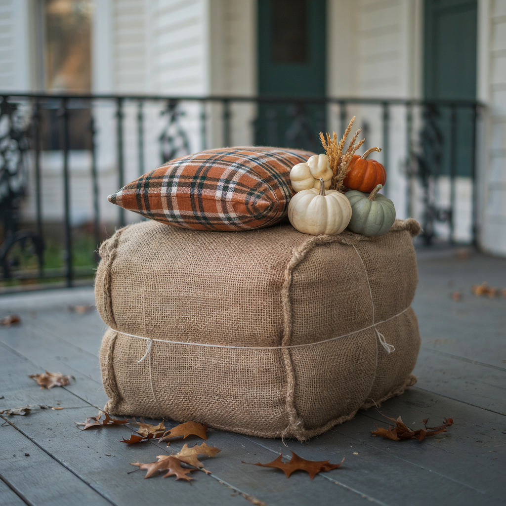 Burlap-wrapped straw bale seat