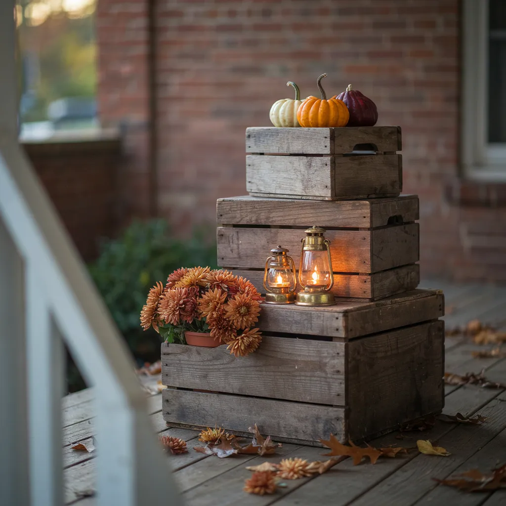 Stacked crate pyramid fall decor