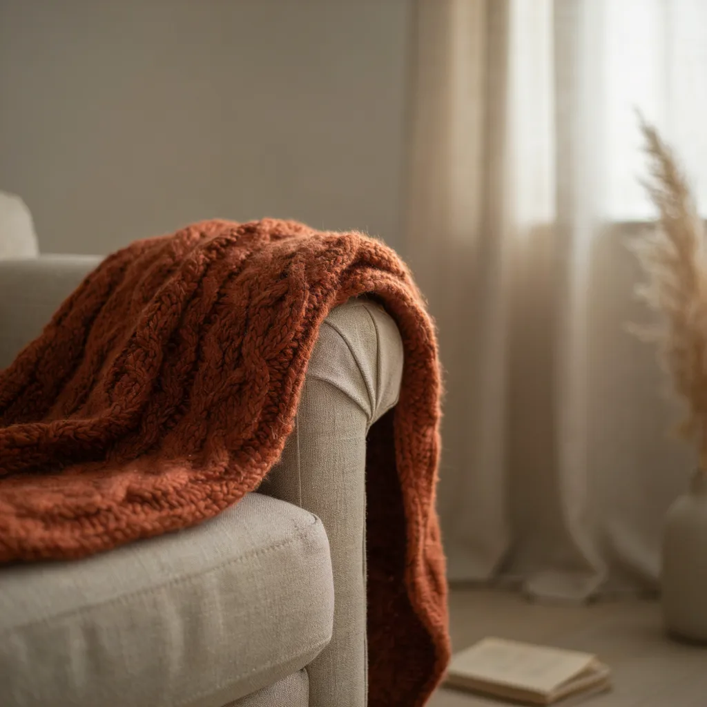 Close-up of a chunky burnt orange knit throw blanket, one of the top 8 fall home accessories to shop and style for cozy living rooms.