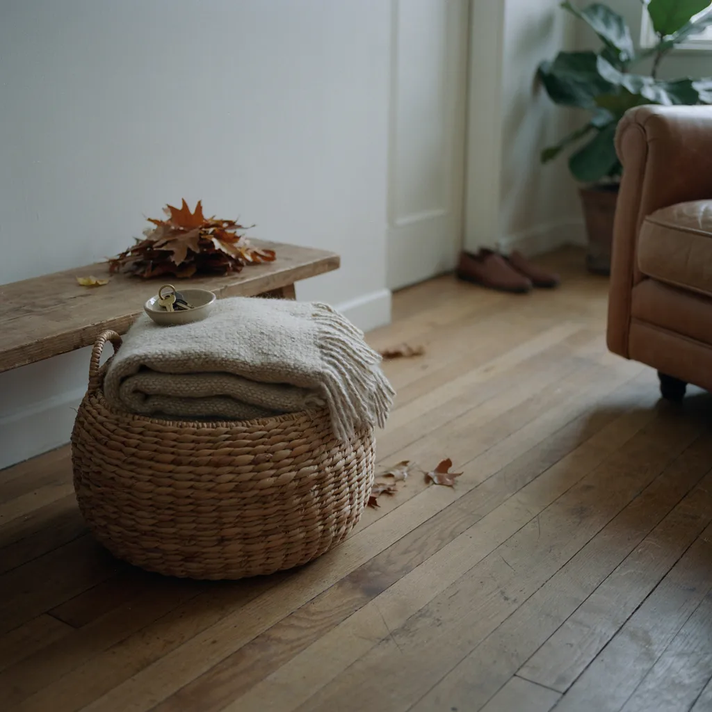 Woven seagrass storage basket filled with blankets, a practical example of the 8 fall home accessories to shop and style for organization.