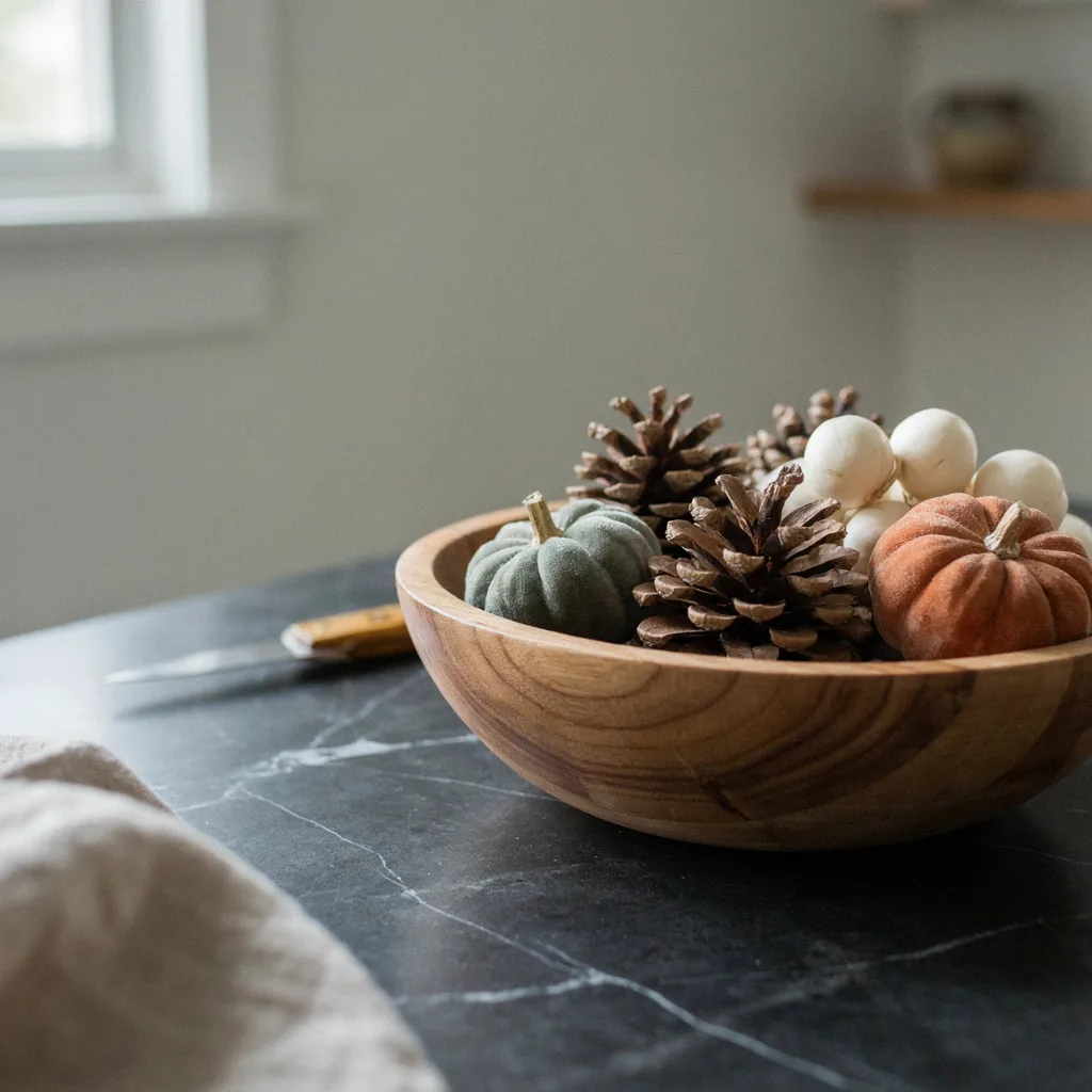 Shallow hand-carved paulownia wood bowl filled with velvet pumpkins and gourds, part of the 8 fall home accessories to shop and style.