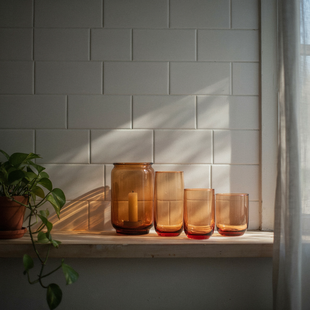 Cluster of amber glass hurricane candle holders, a must-have piece when curating 8 fall home accessories to shop and style.