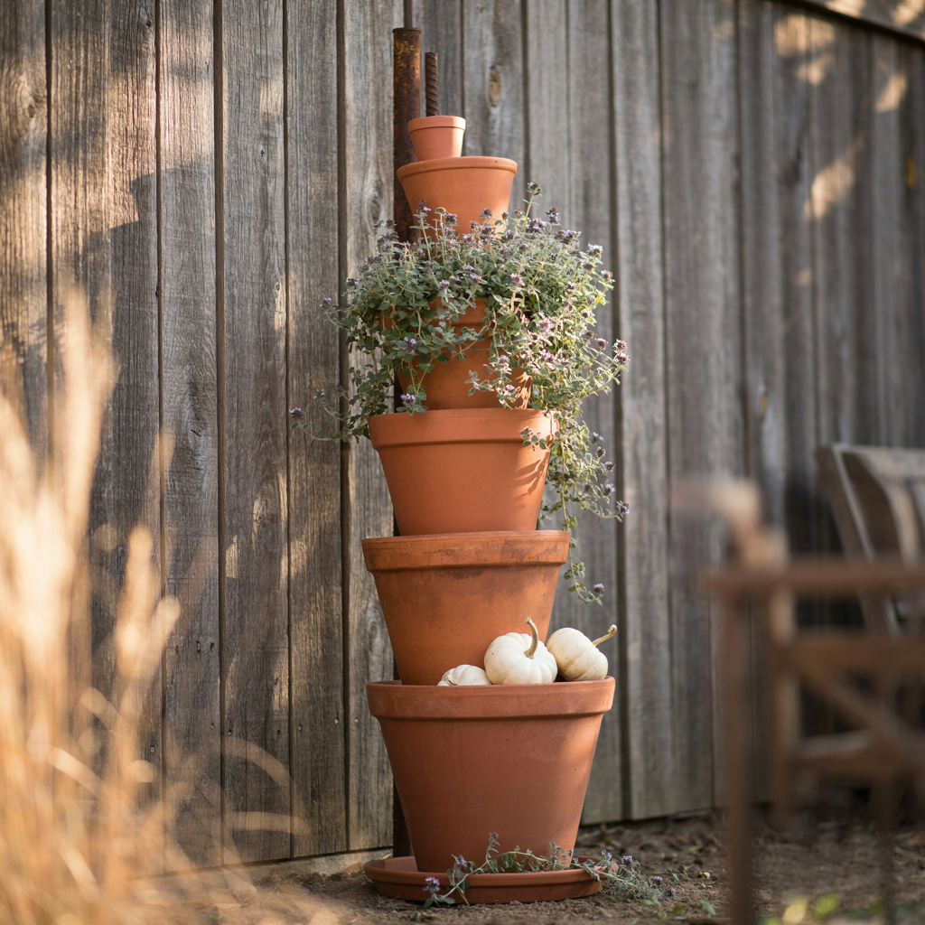 Terracotta pot tower with pumpkins