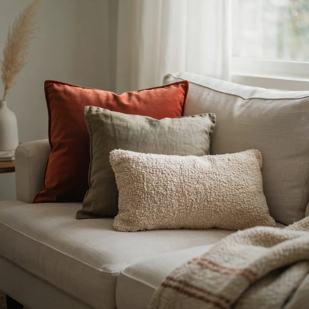 A pair of textured bouclé and velvet pillow covers, popular options when looking for 8 fall home accessories to shop and style this autumn.