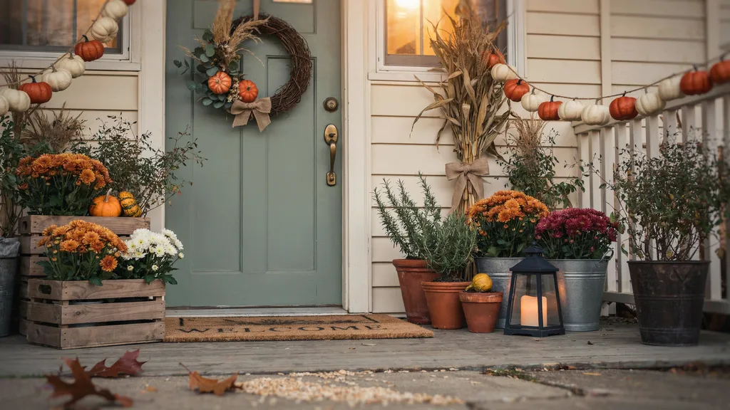 Cozy front porch styled with DIY fall decor including a wheat wreath, cornstalk bundle, pumpkins and mums
