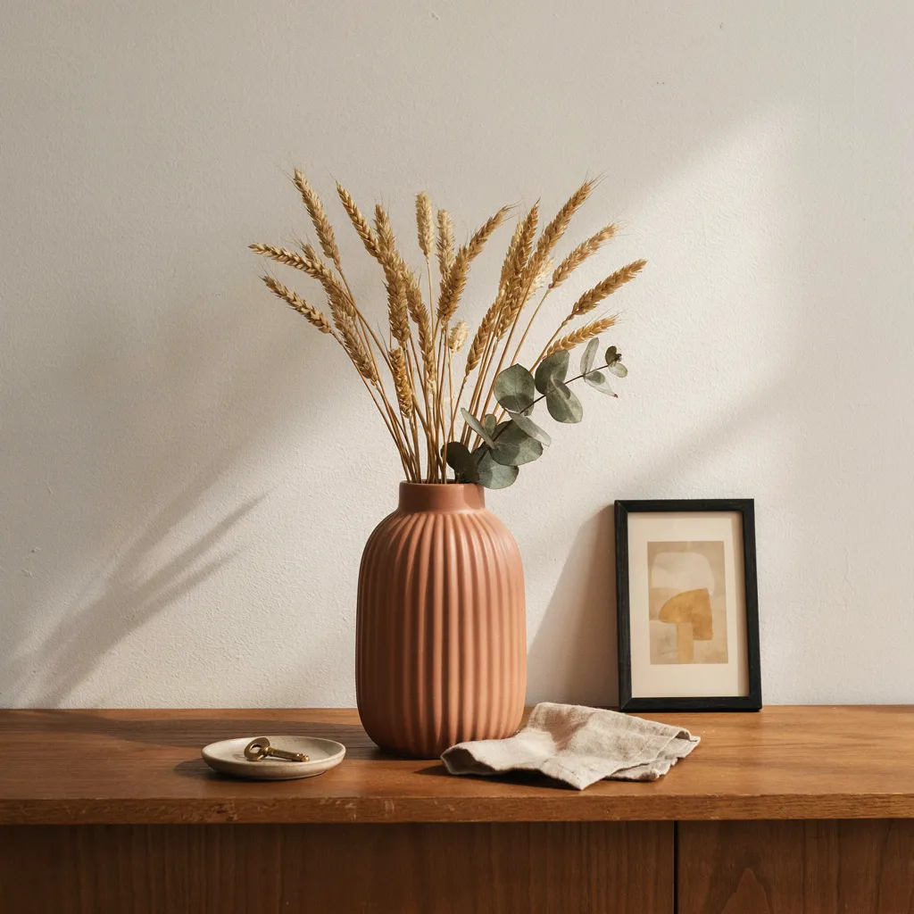 Tall ribbed ceramic vase holding dried pampas grass on a mantle, demonstrating how to use 8 fall home accessories to shop and style.